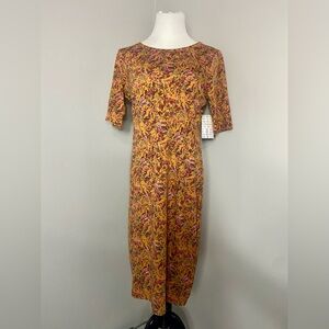 Julia LuLaRoe Dress Gold with Multicolor Pink Florals Midi Form Fitting